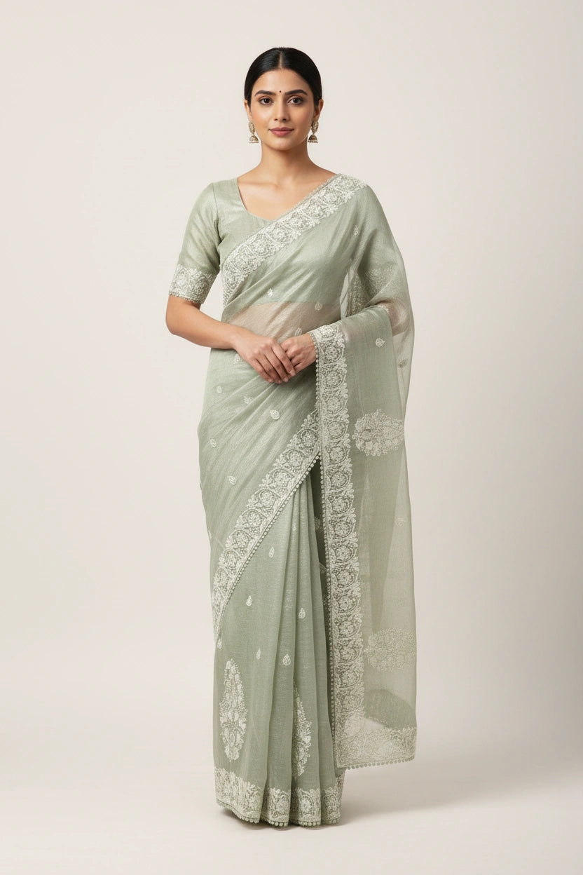 Crush Tissue Saree with White Thread Work