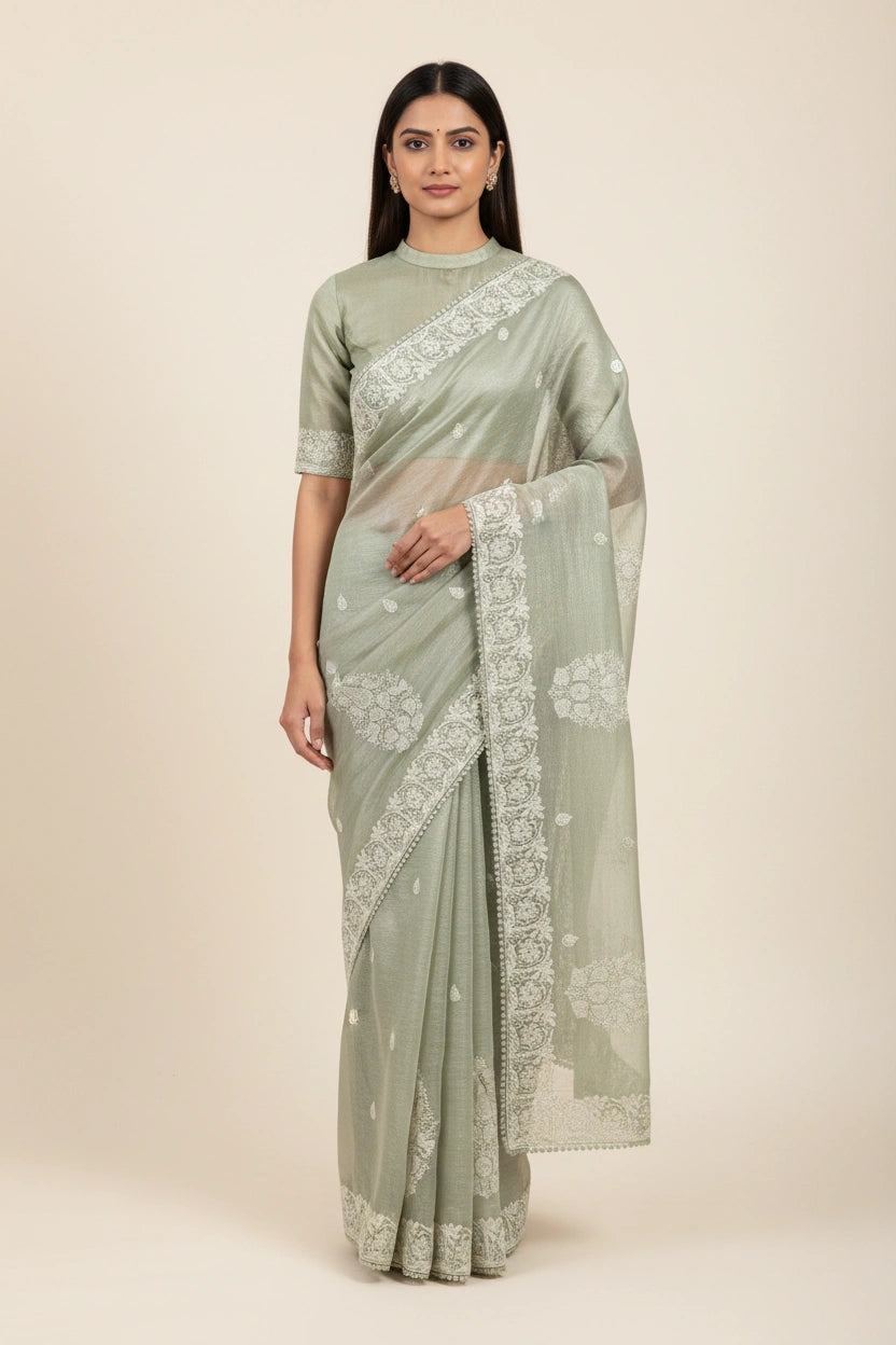 Embroidered Crush Tissue Saree with Floral Resham Work - View 5 | Rangoli