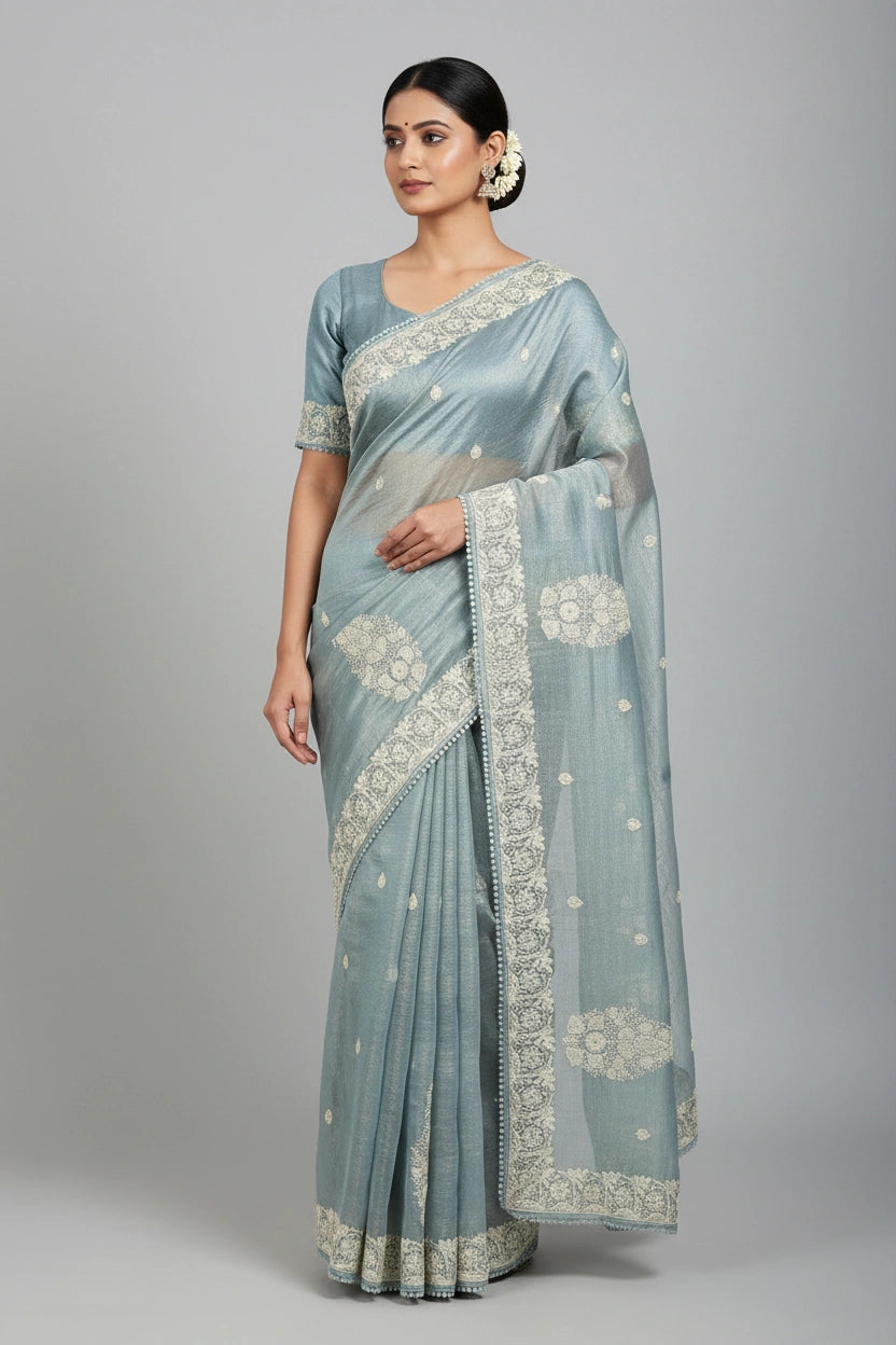Woman wearing a light blue saree with white patterns on a gray background