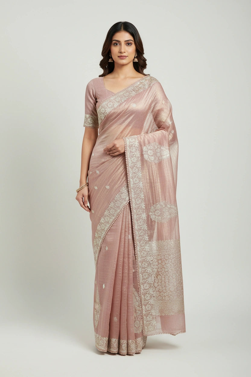 Embroidered Crush Tissue Saree with Floral Resham Work - View 8 | Rangoli