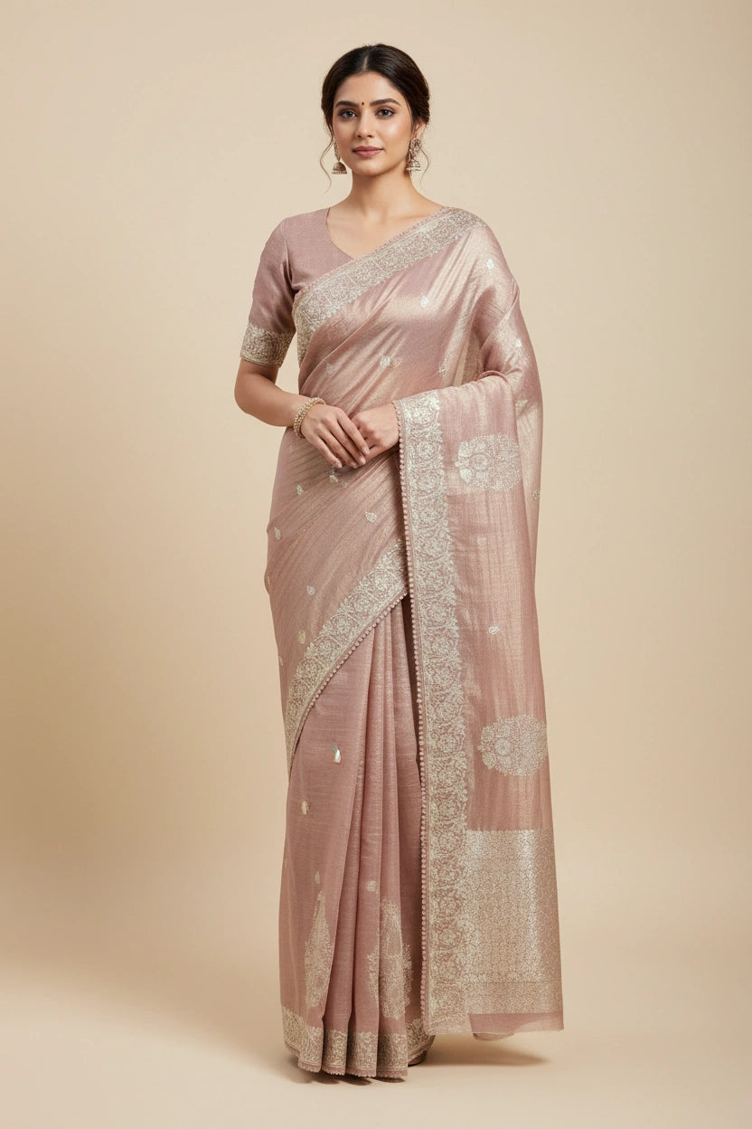 Embroidered Crush Tissue Saree with Floral Resham Work - View 9 | Rangoli