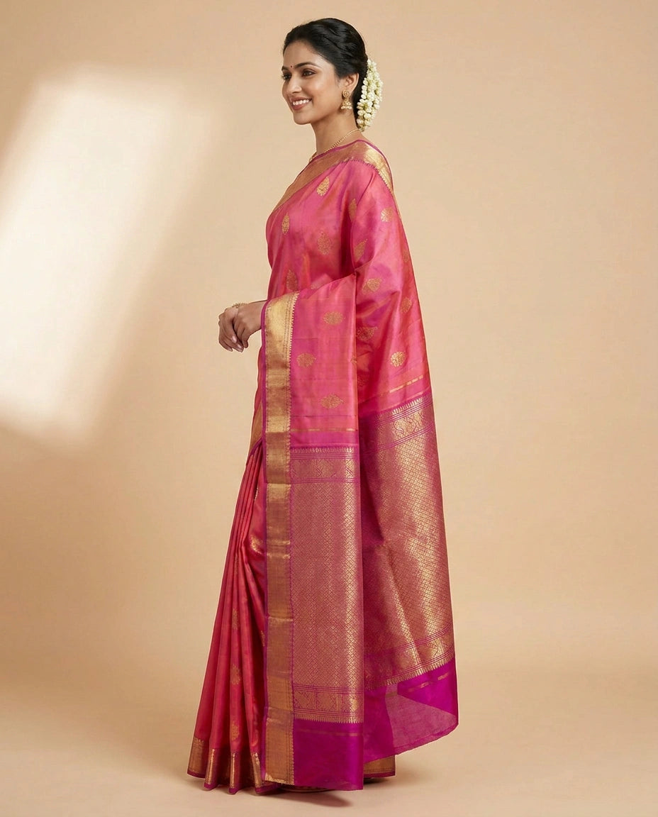 Fuchsia Pink Kanchipuram Saree - Rangoli India