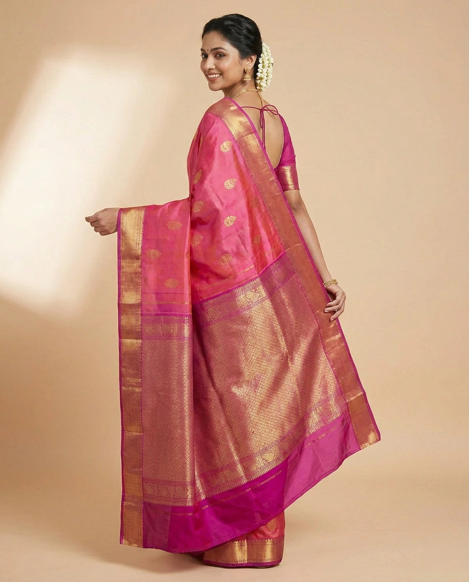 Fuchsia Pink Kanchipuram Saree - Rangoli India