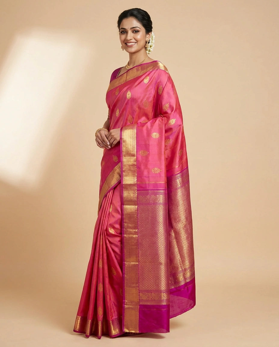 Fuchsia Pink Kanchipuram Saree - Rangoli India