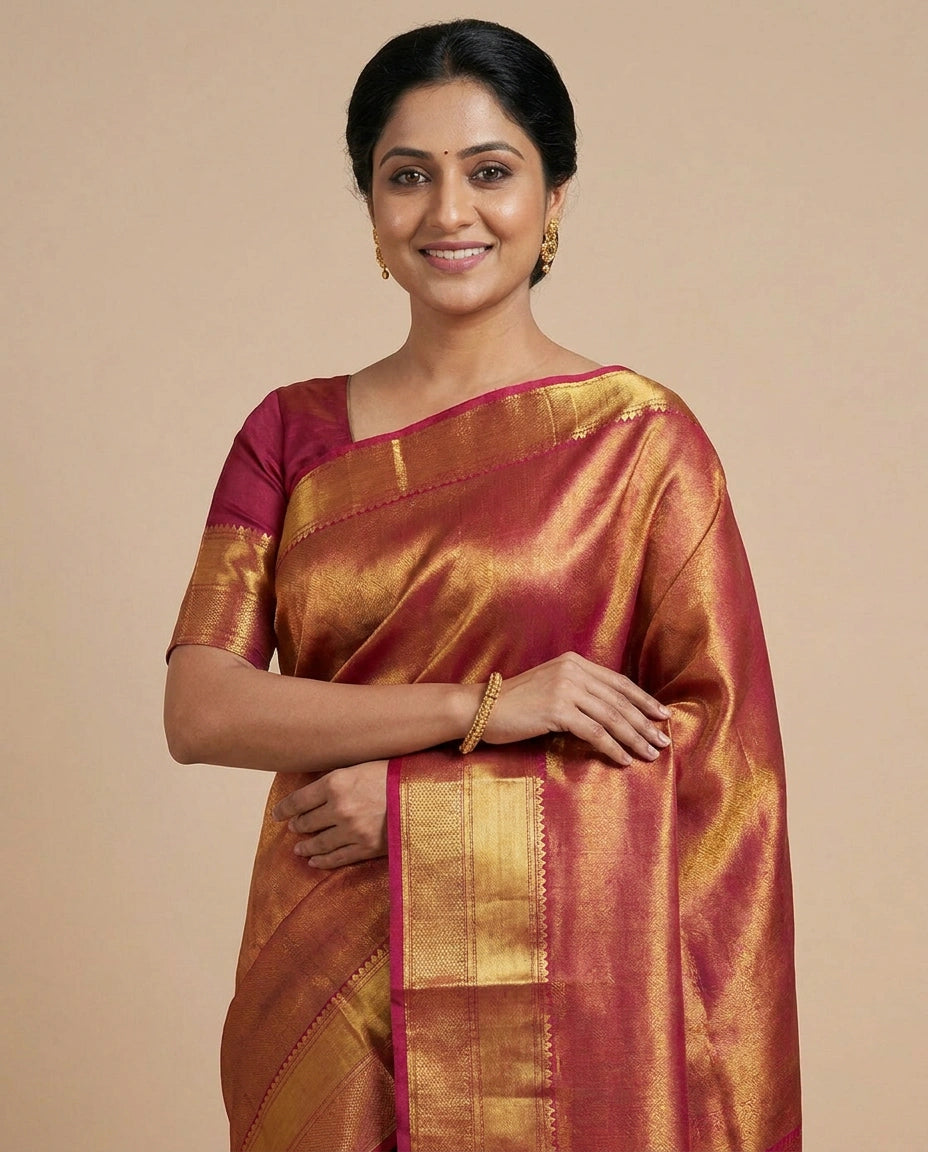 Red Kanchipuram Saree in Silk Katan - Rangoli India