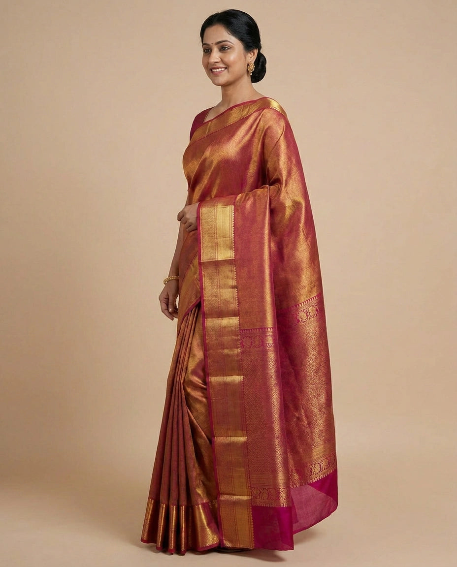 Red Kanchipuram Saree in Silk Katan - Rangoli India