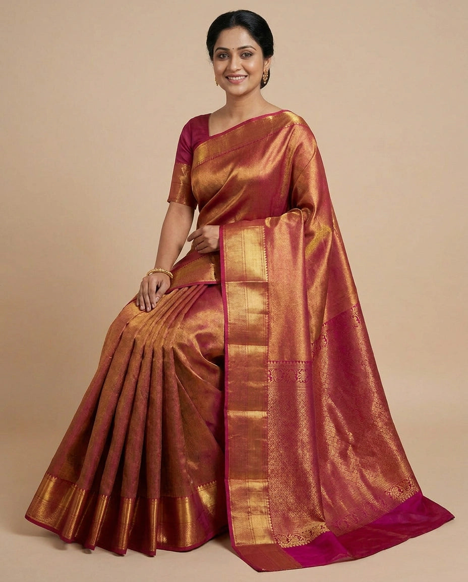Red Kanchipuram Saree in Silk Katan - Rangoli India