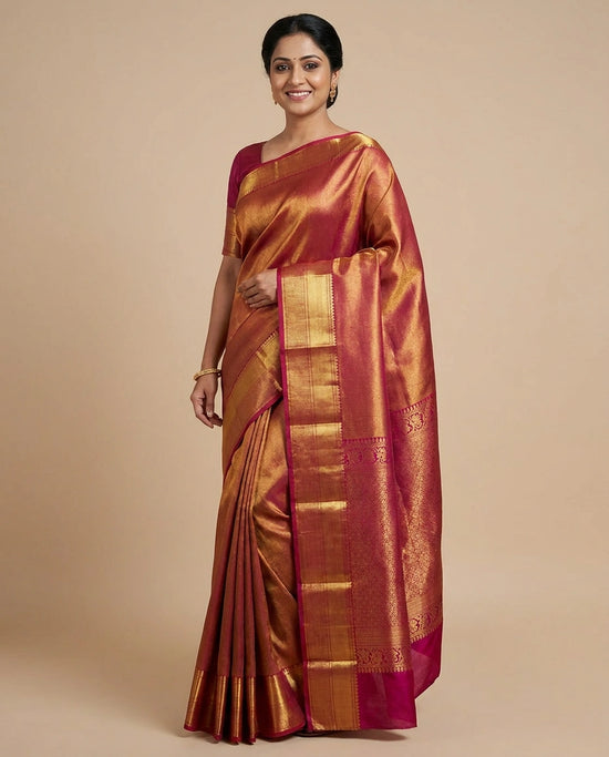 Red Kanchipuram Saree in Silk Katan - Rangoli India
