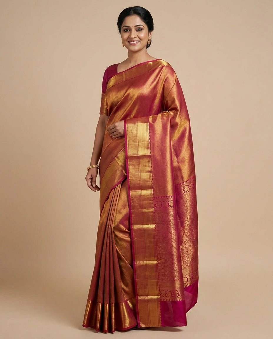 Red Kanchipuram Saree in Silk Katan - Rangoli India