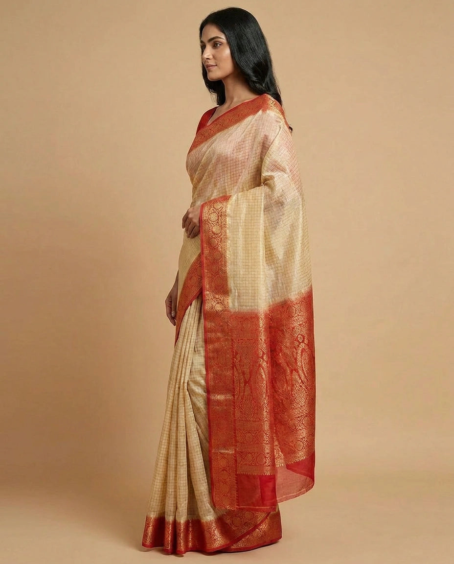 Dola Silk Banarasi Saree with Handwoven Zari Motif Border
