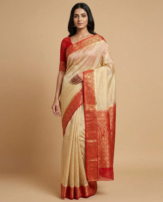 Dola Silk Banarasi Saree with Handwoven Zari Motif Border by Rangoli