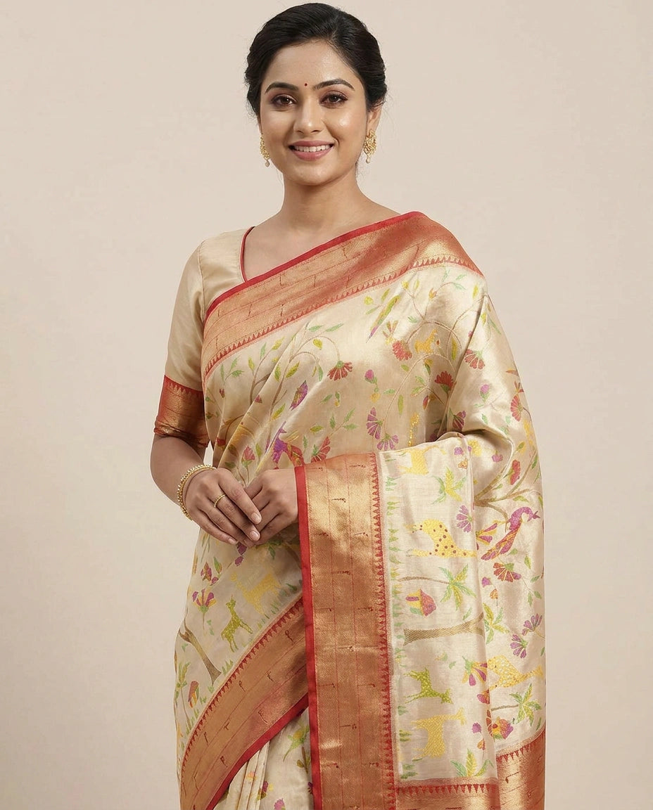 South Weave Saree with Contrasting Border - Rangoli India