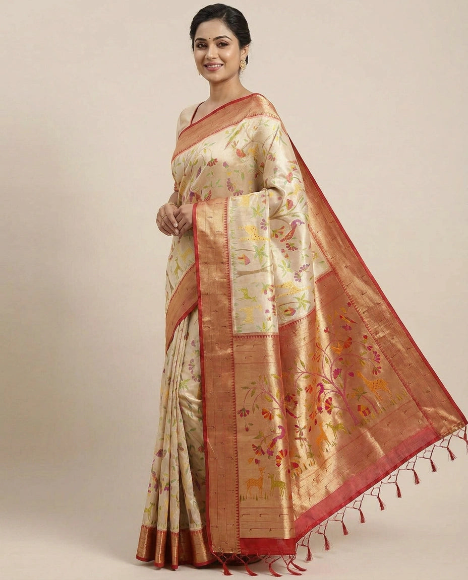 South Weave Saree with Contrasting Border - Rangoli India