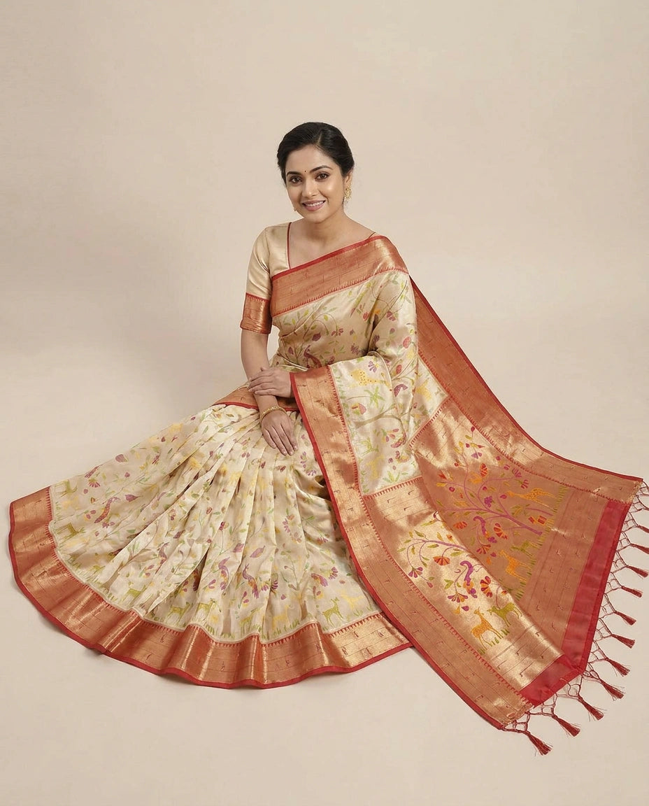 South Weave Saree with Contrasting Border - Rangoli India