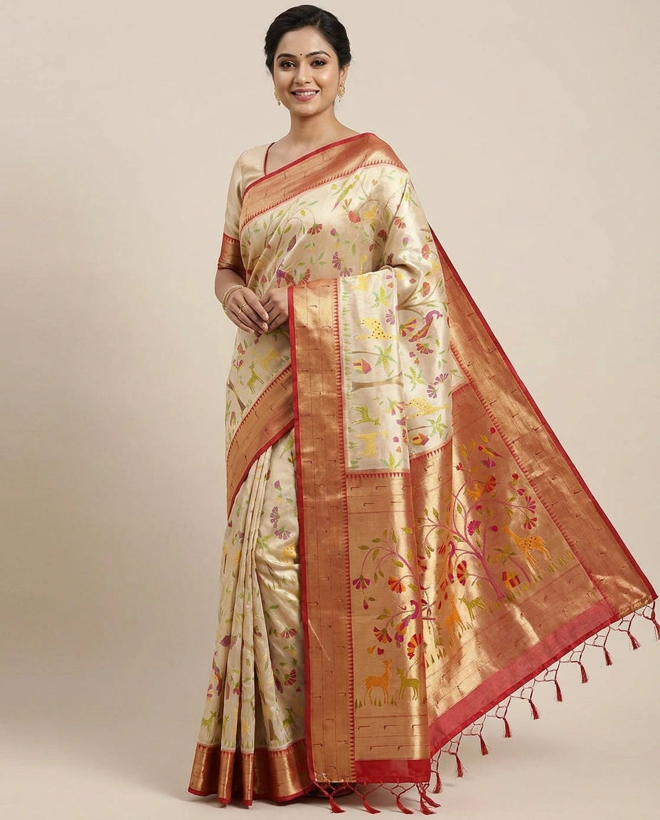 South Weave Saree with Contrasting Border - Rangoli India