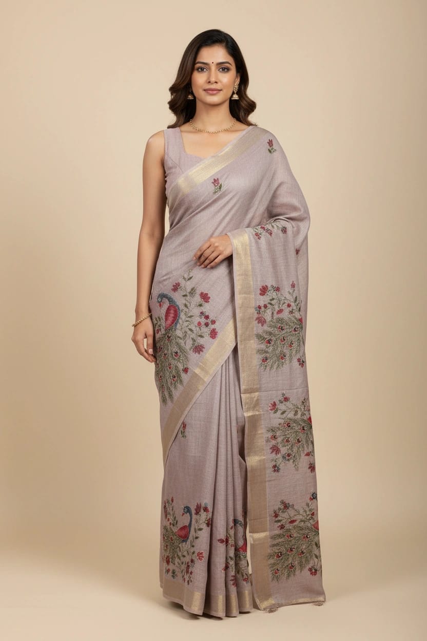 Handcrafted Linen Tissue Embroidery Saree - Rangoli Sarees