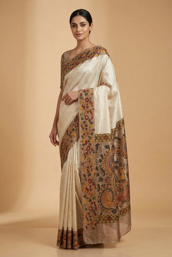 Beige/Brown Chiniya Silk Printed Saree with Block Print for Daily Wear