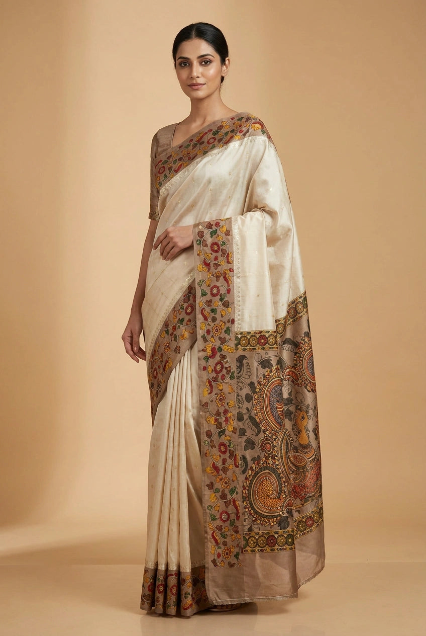Beige/Brown Chiniya Silk Printed Saree with Block Print for Daily Wear