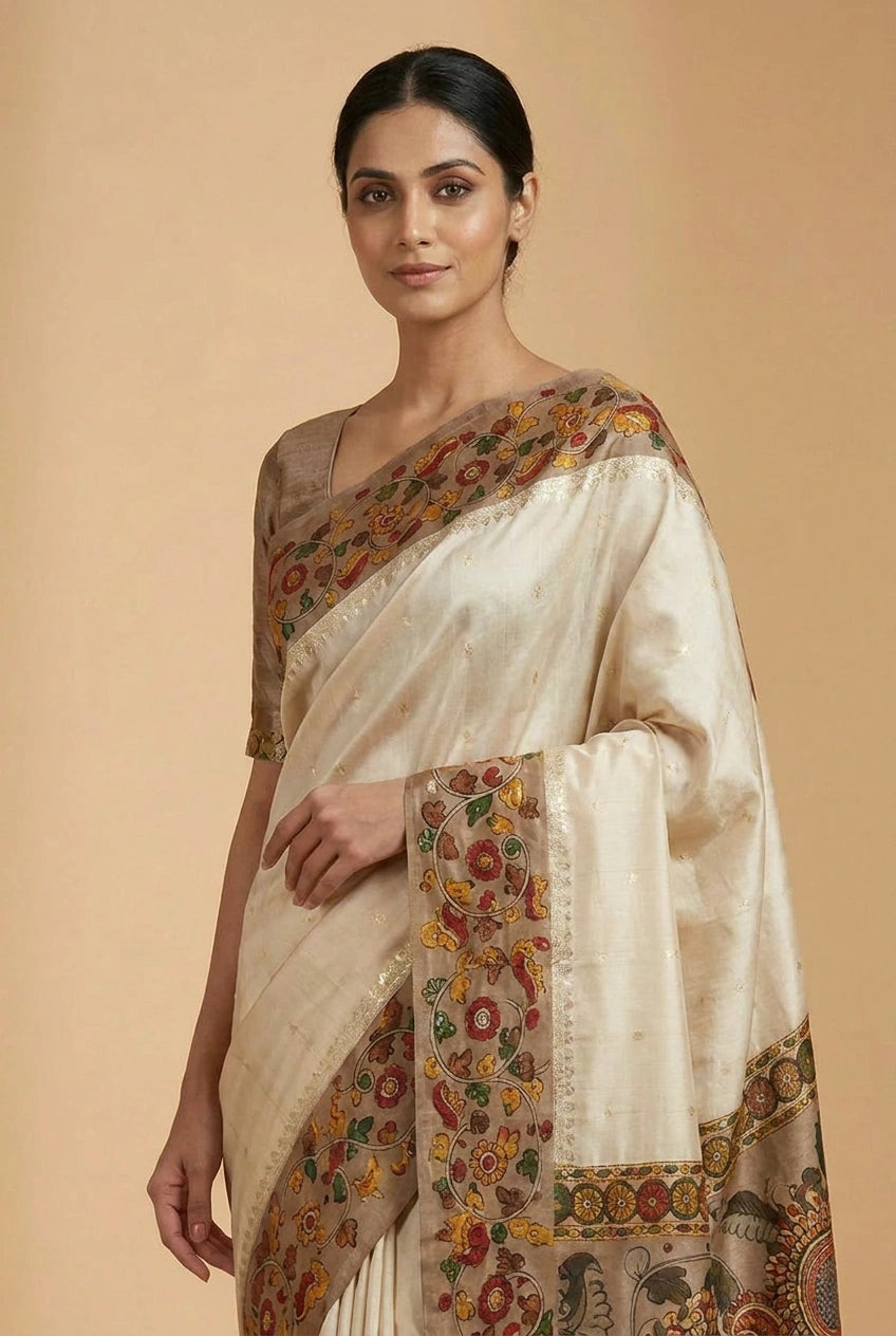 Beige/Brown Chiniya Silk Printed Saree with Block Print for Daily Wear