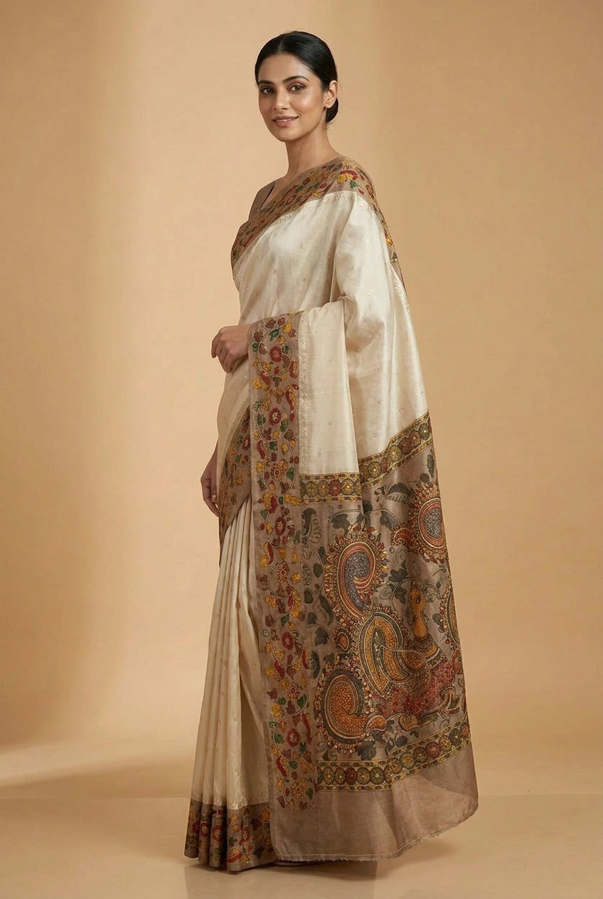 Beige/Brown Chiniya Silk Printed Saree with Block Print for Daily Wear