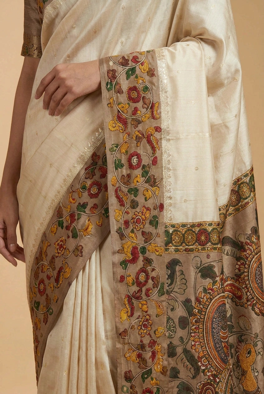 Beige/Brown Chiniya Silk Printed Saree with Block Print for Daily Wear