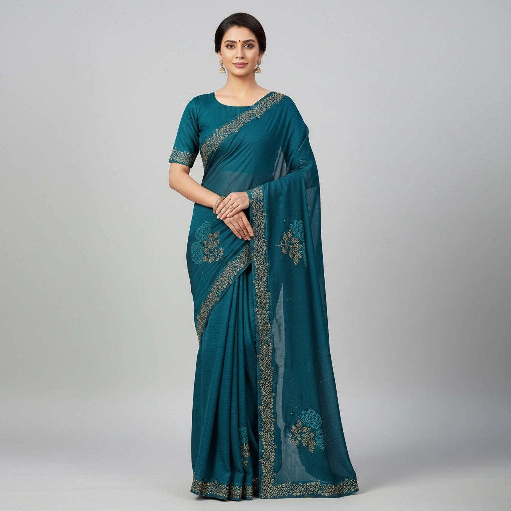 Embroidered Chinon Silk Saree with Traditional Motifs - chinon; silk Indian ethnic wear by Rangoli