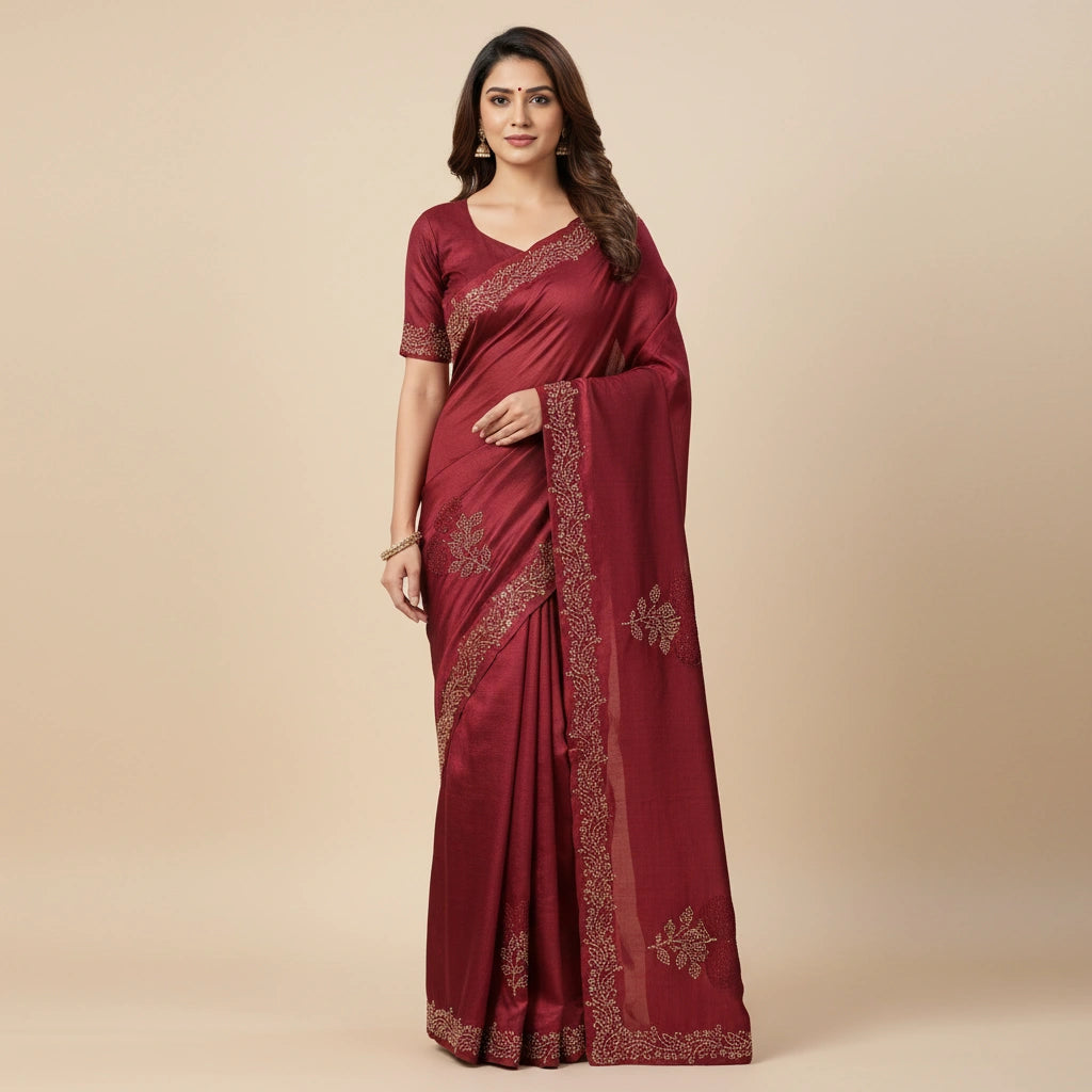 Embroidered Chinon Silk Saree with Traditional Motifs