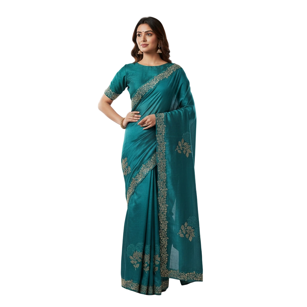 Embroidered Chinon Silk Saree with Traditional Motifs