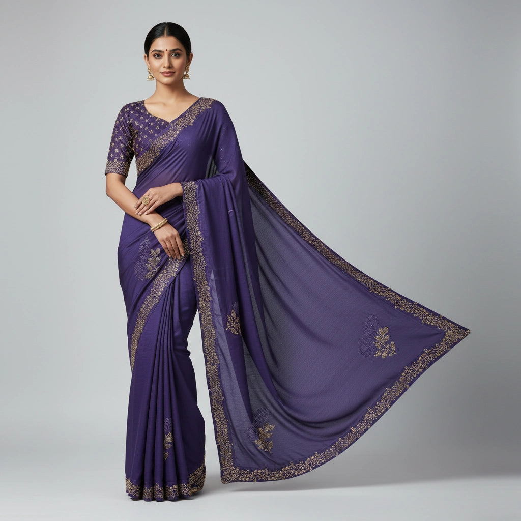 Embroidered Chinon Silk Saree with Traditional Motifs - chinon; silk Indian ethnic wear by Rangoli