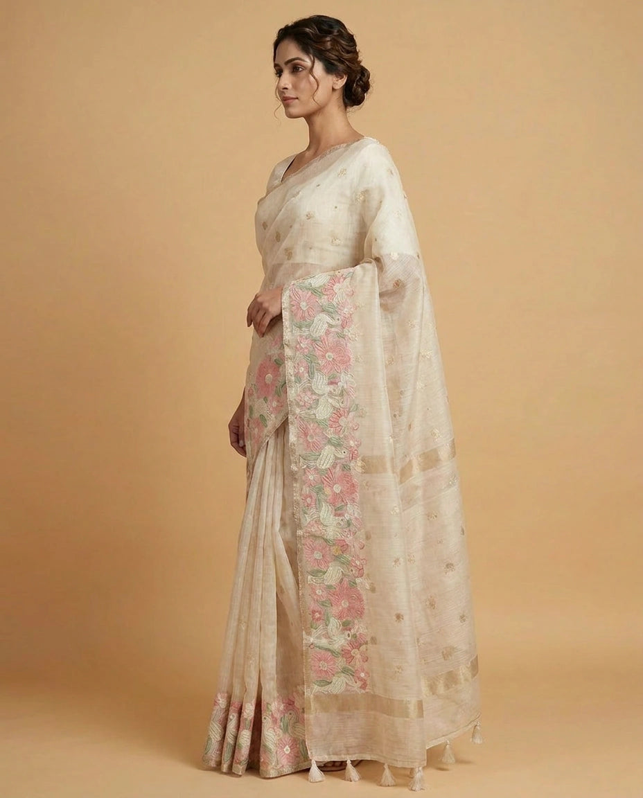 Off White Kota Designer Saree with Hand Embroidery view 3