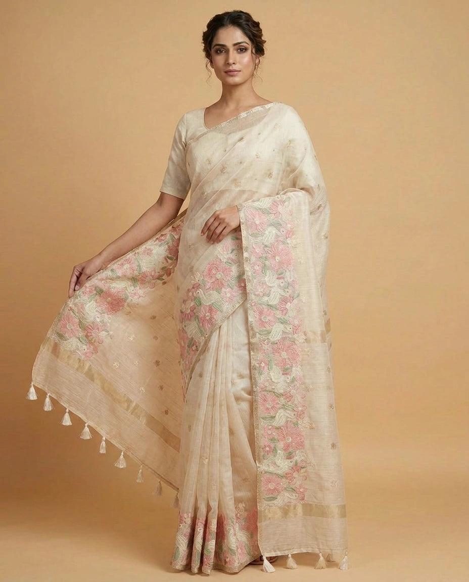 Off White Kota Designer Saree with Hand Embroidery view 4