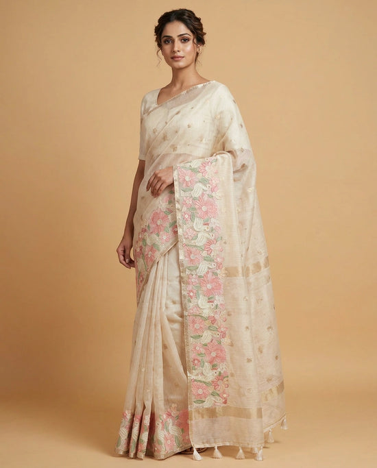 Off White Kota Designer Saree with Hand Embroidery - Rangoli India