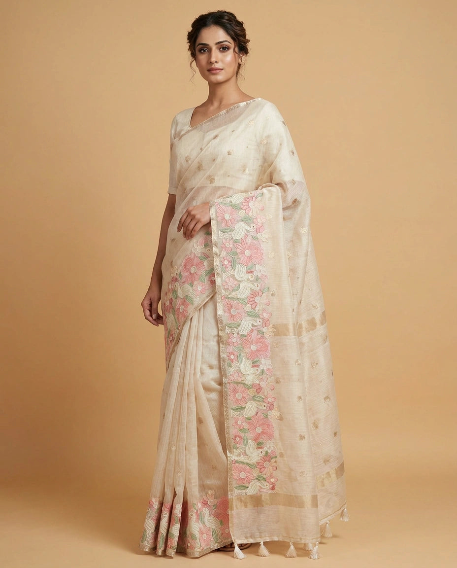 Off White Kota Designer Saree with Hand Embroidery - Rangoli India