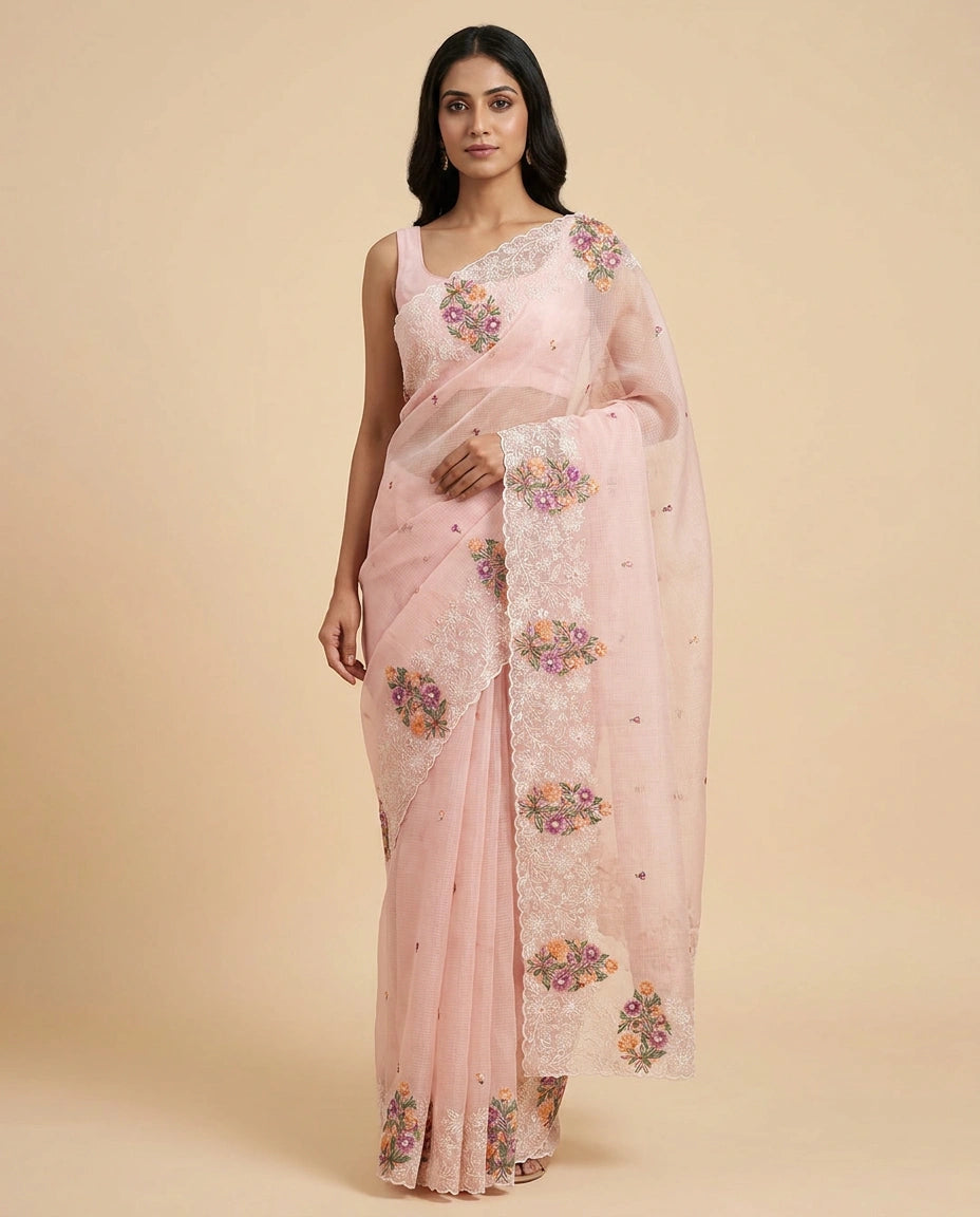 Kota Designer Saree with Hand Embroidery - Rangoli India