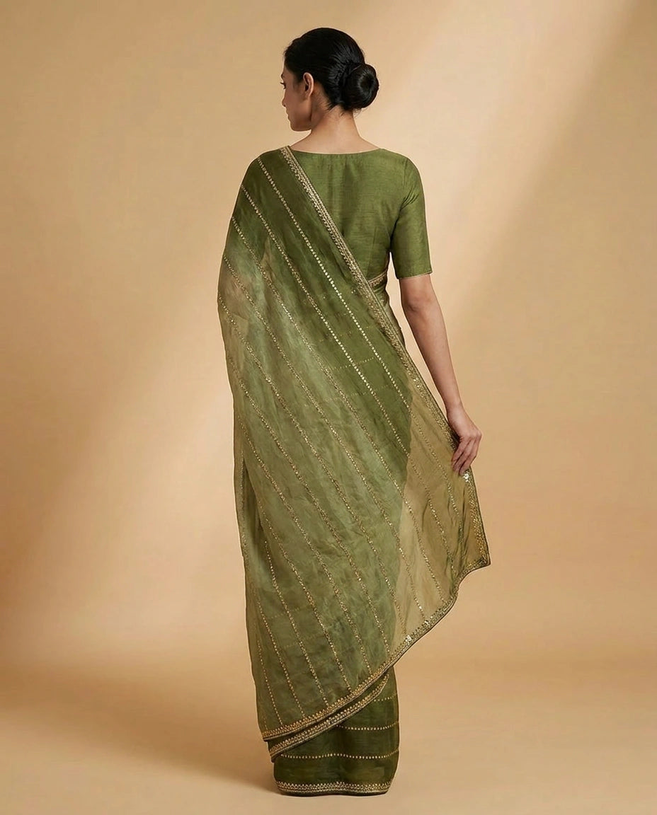 Tissue Saree with Hand-Embroidered Zari Border and Pallu view 5