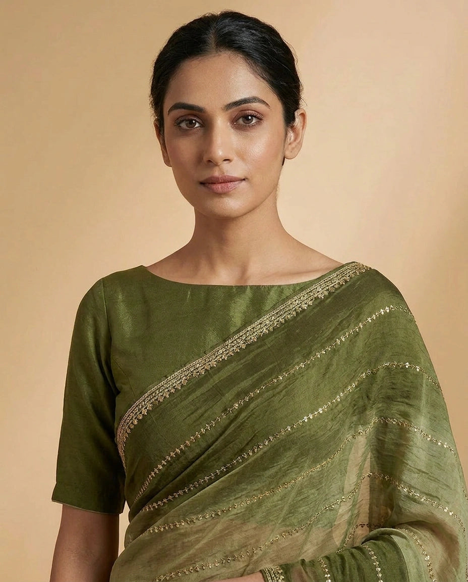 Tissue Saree with Hand-Embroidered Zari Border and Pallu view 7