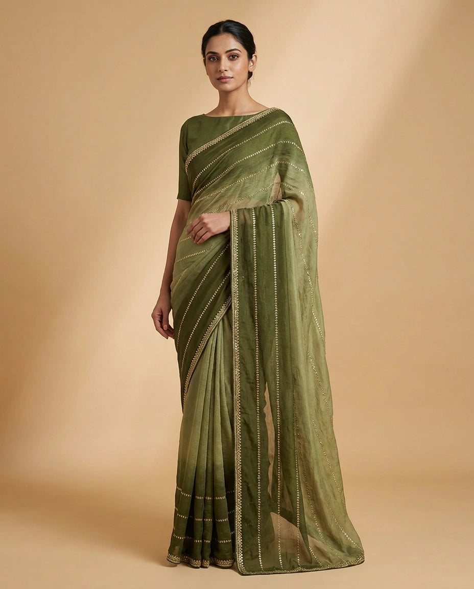 Tissue Saree with Hand-Embroidered Zari Border and Pallu view 9