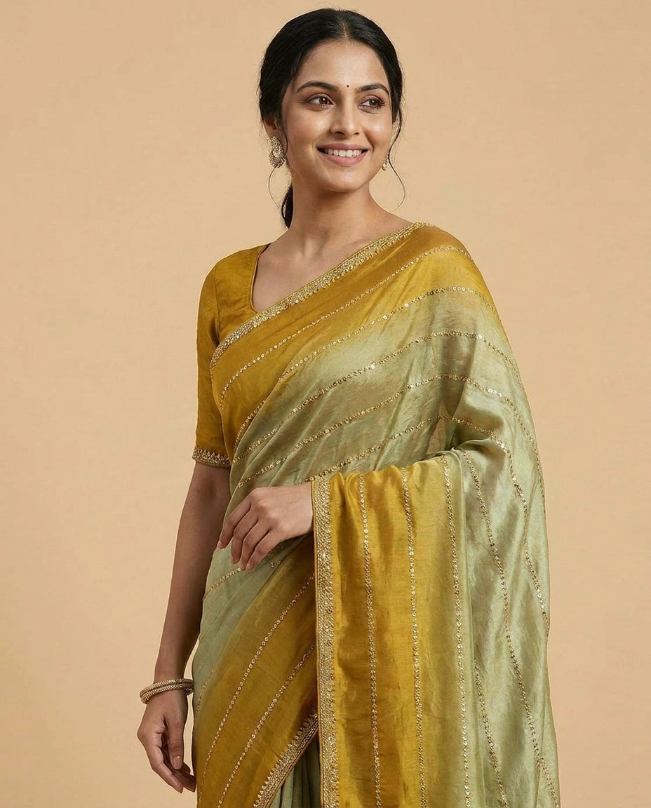 Tissue Saree with Hand-Embroidered Zari Border and Pallu view 11