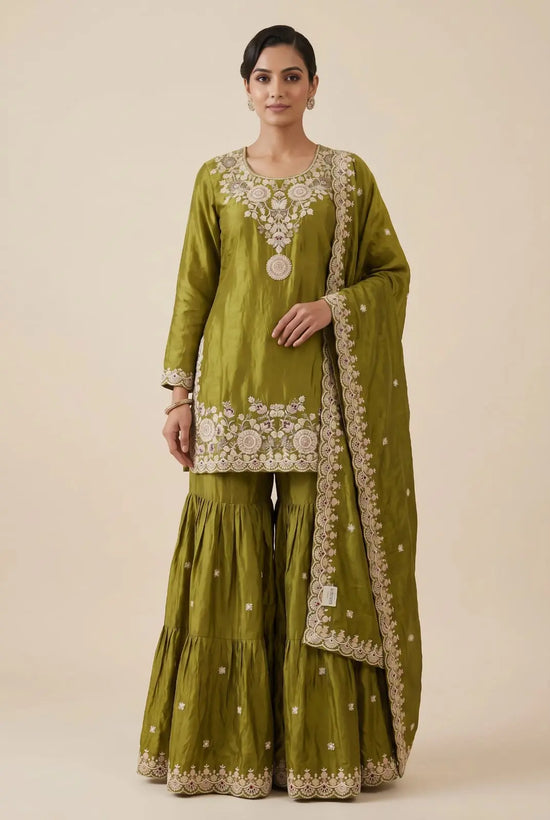 Mehendi Mehandi Chinon Sharara Suit with Resham Embroidery and Scalloped Dupatta - Rangoli India