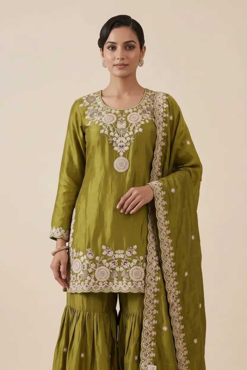 Woman wearing a green traditional outfit with white embroidery on a beige background