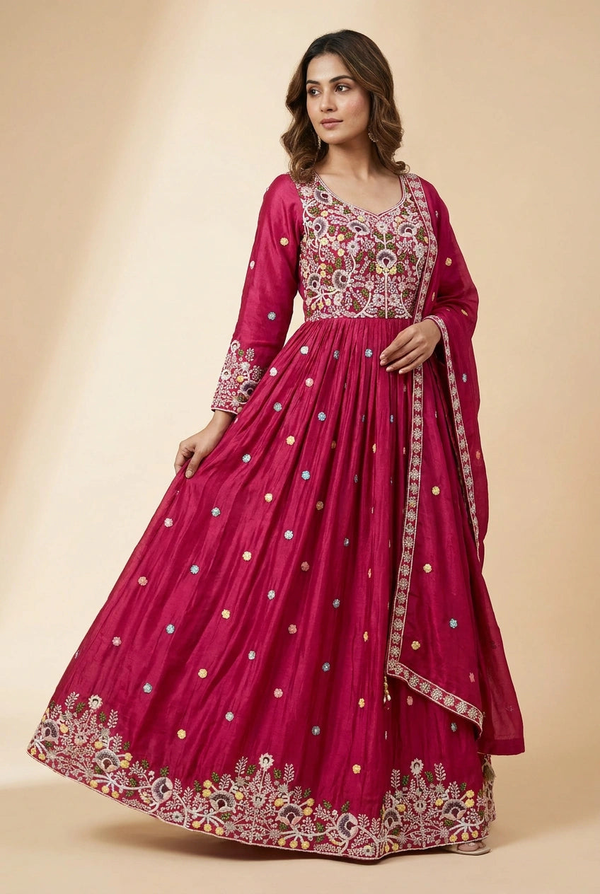 Chinon Anarkali Gown with Embellishment for Wedding Reception