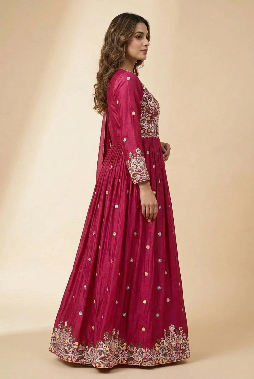 Chinon Anarkali Gown with Embellishment for Wedding Reception