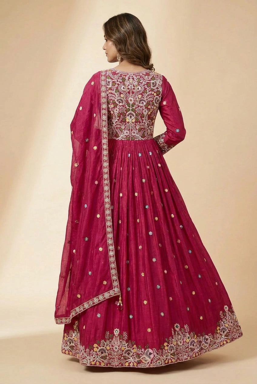 Chinon Anarkali Gown with Embellishment for Wedding Reception