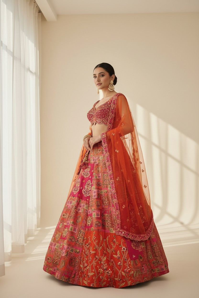Designer Silk Katan Lehenga Choli Set - View 3 | Rangoli