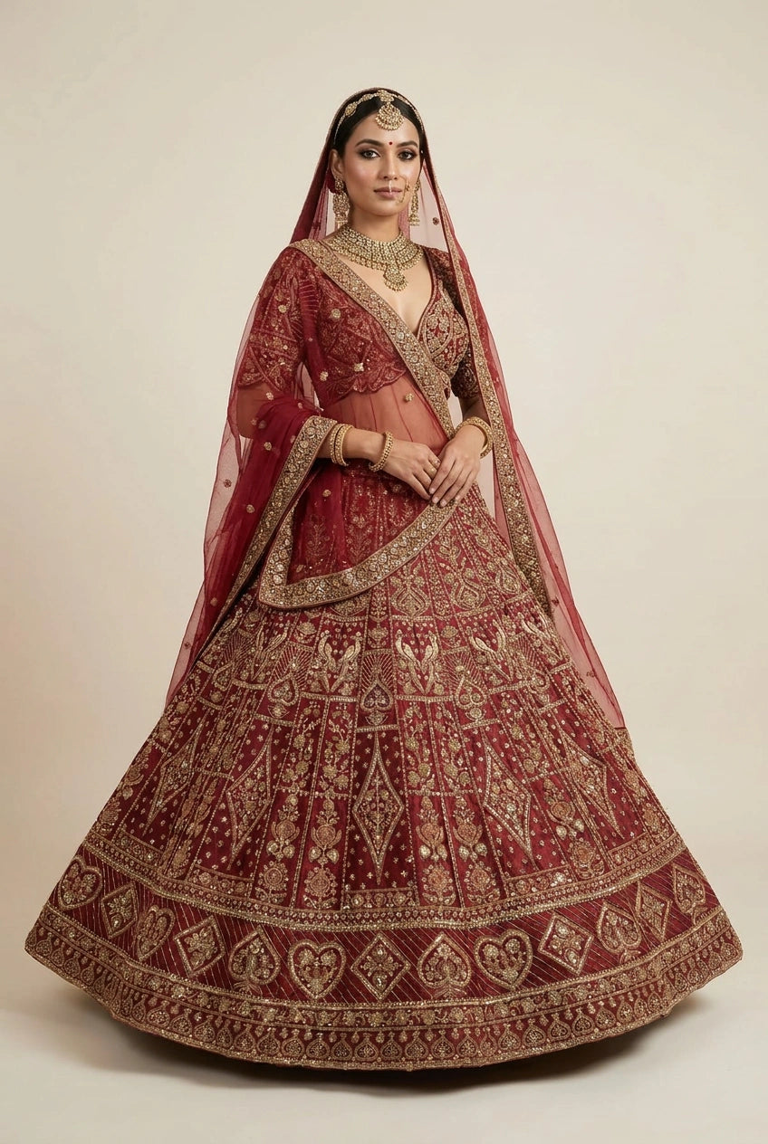 Maroon Raw Silk Lehenga Set with Sequin Accent for Engagement Function