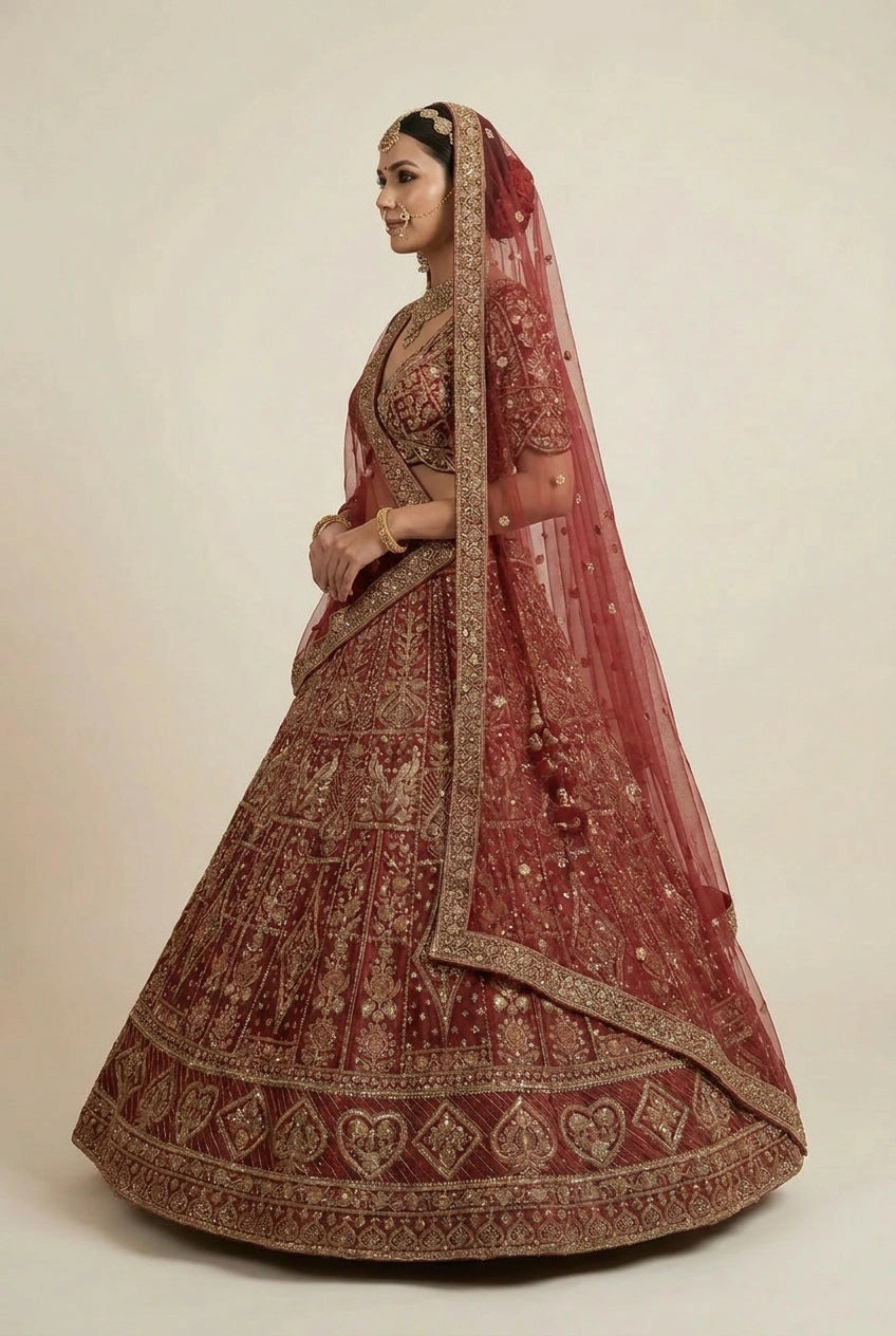Maroon Raw Silk Lehenga Set with Sequin Accent for Engagement Function