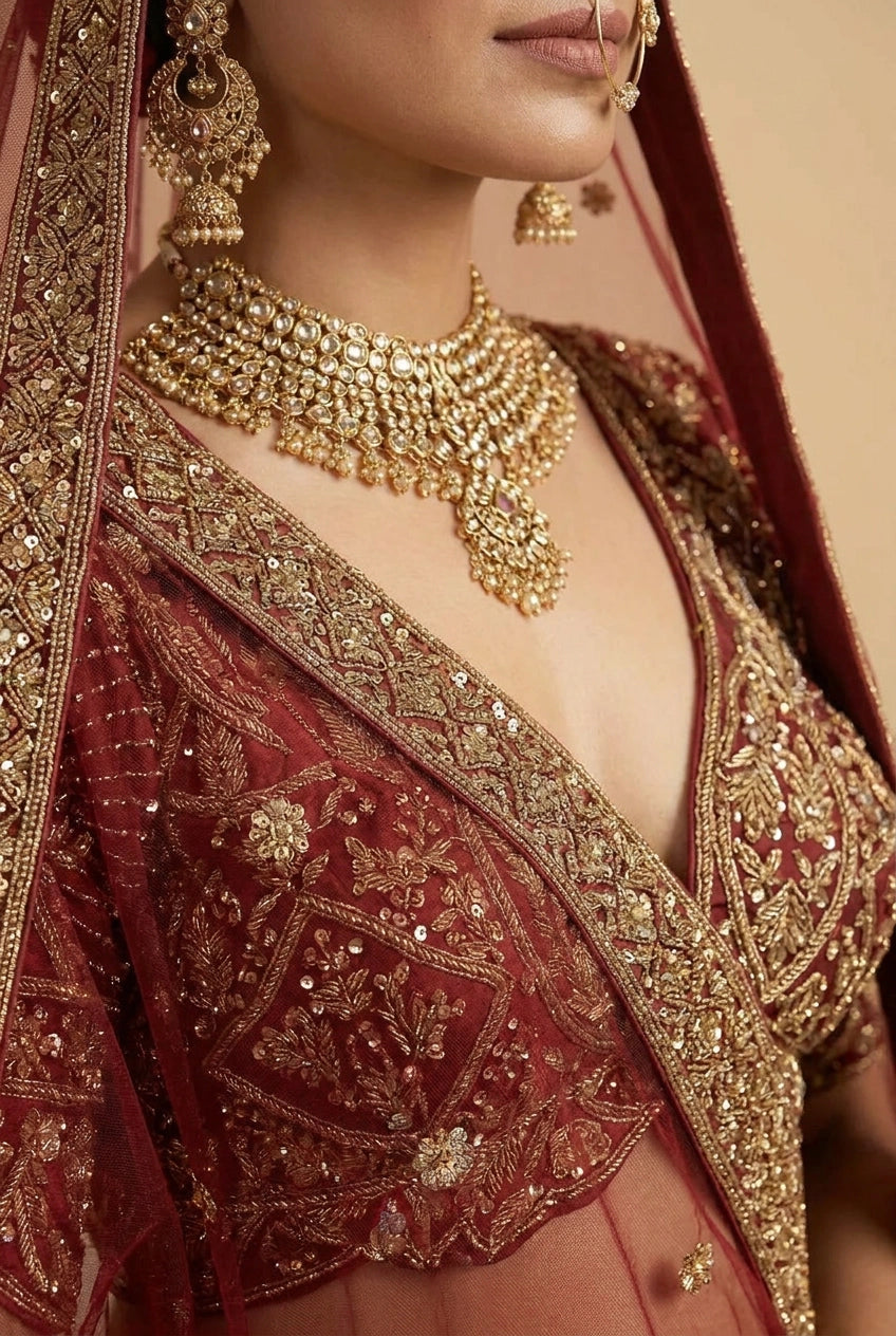 Maroon Raw Silk Lehenga Set with Sequin Accent for Engagement Function