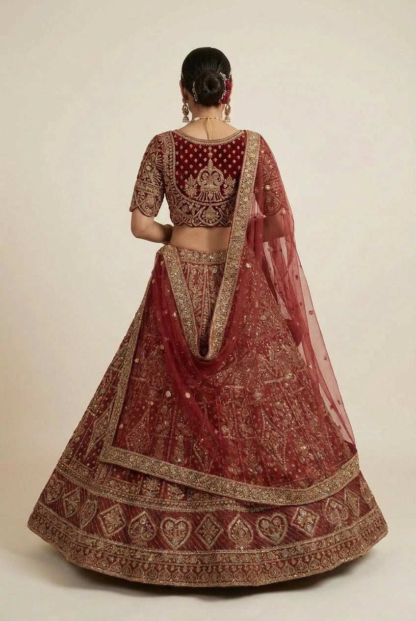 Maroon Raw Silk Lehenga Set with Sequin Accent for Engagement Function