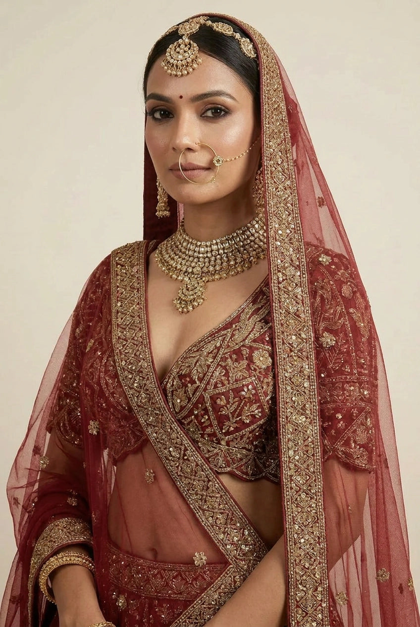 Maroon Raw Silk Lehenga Set with Sequin Accent for Engagement Function