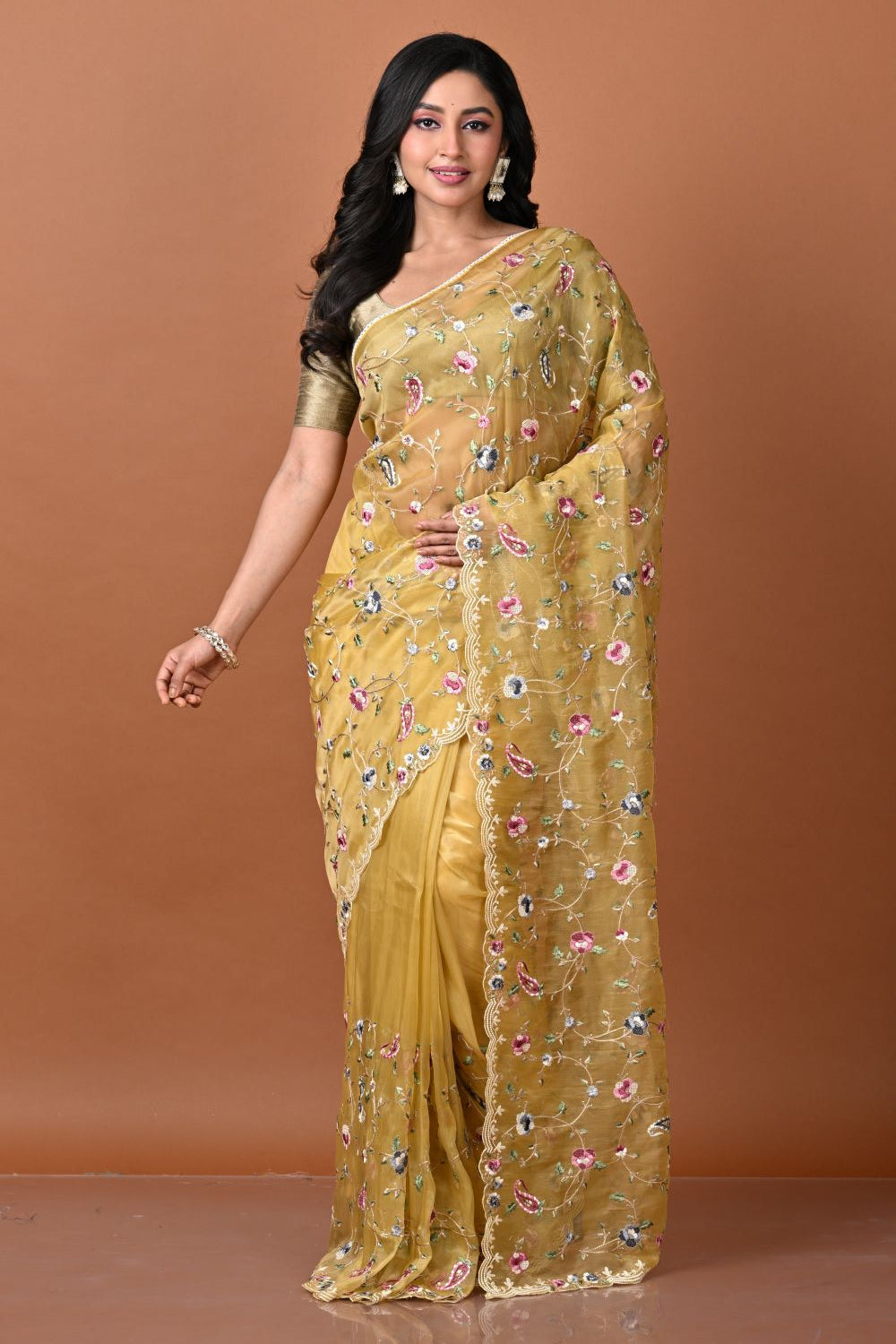 Mustard Eleganza Embroidered Organza Saree